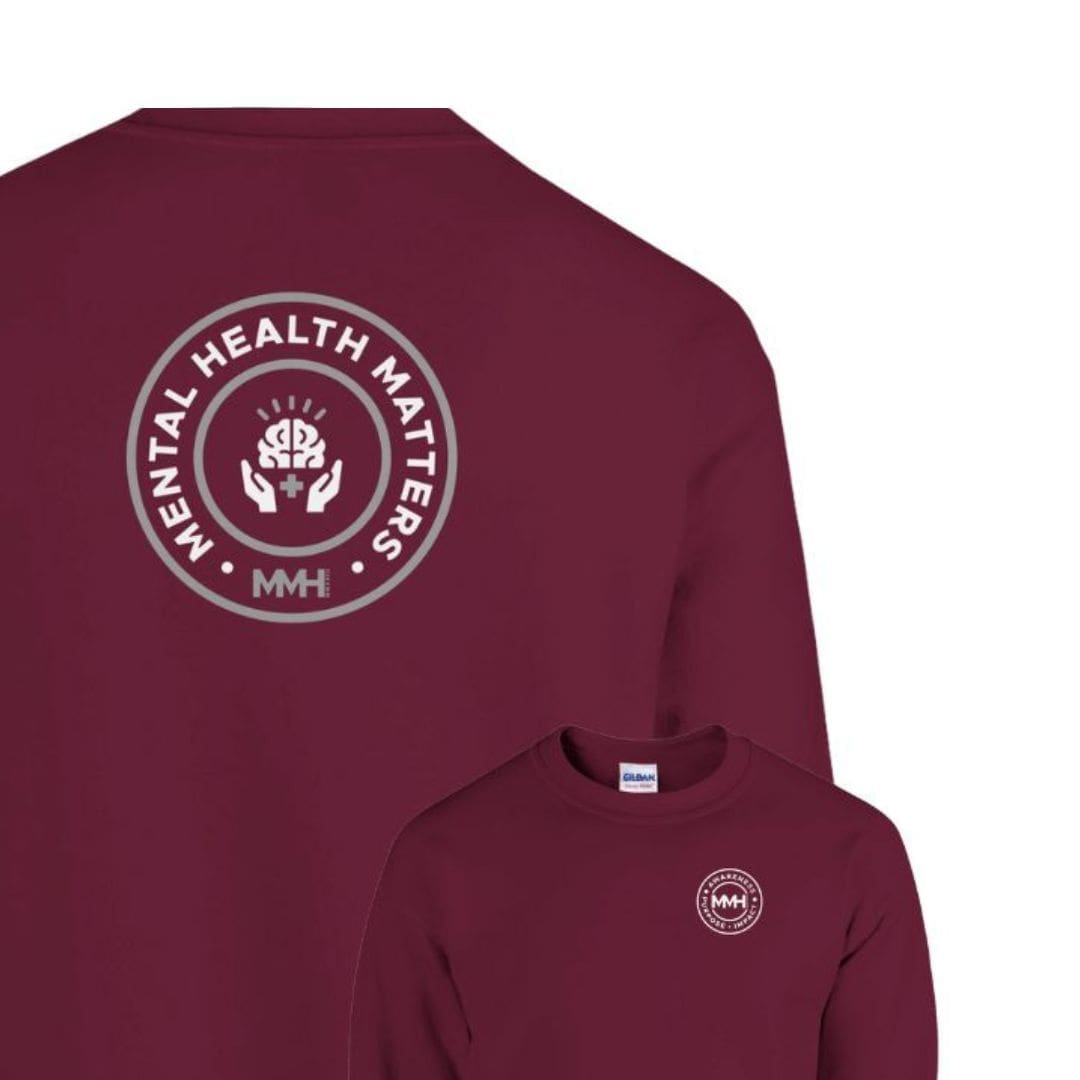 maroon sweatshirt Maroon sweatshirt with 'Mental Health Matters' logo.