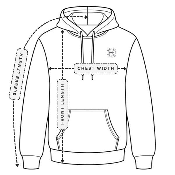 Gildan 18500 pullover hoodie measurement guide showing chest width, body length and sleeve length