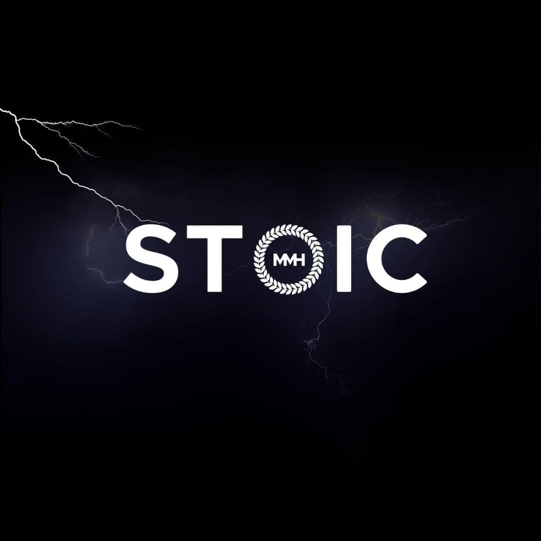 Stoic MMH logo against a dark lightning storm