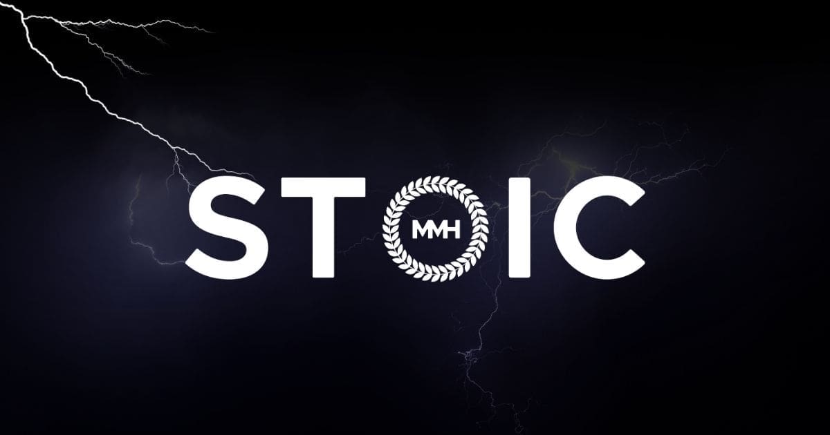 Stoic MH logo with laurel wreath against lightning background