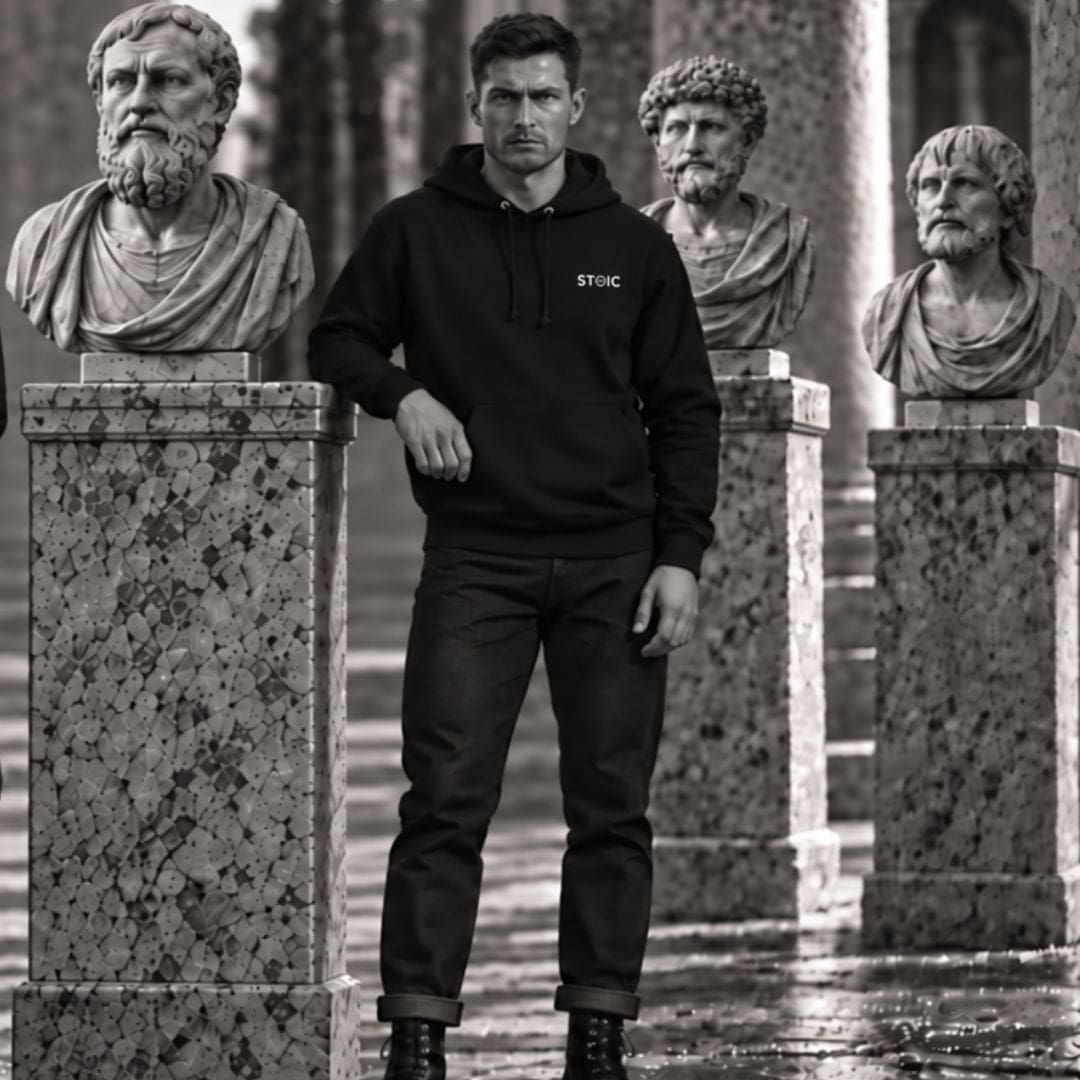 Man in Stoic hoodie beside classical marble busts